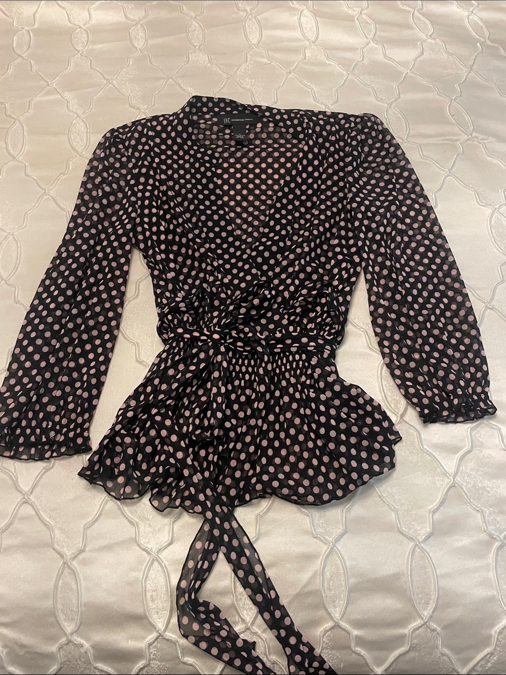 INC International Concepts Black Wrap Blouse with Pink Polka Dots